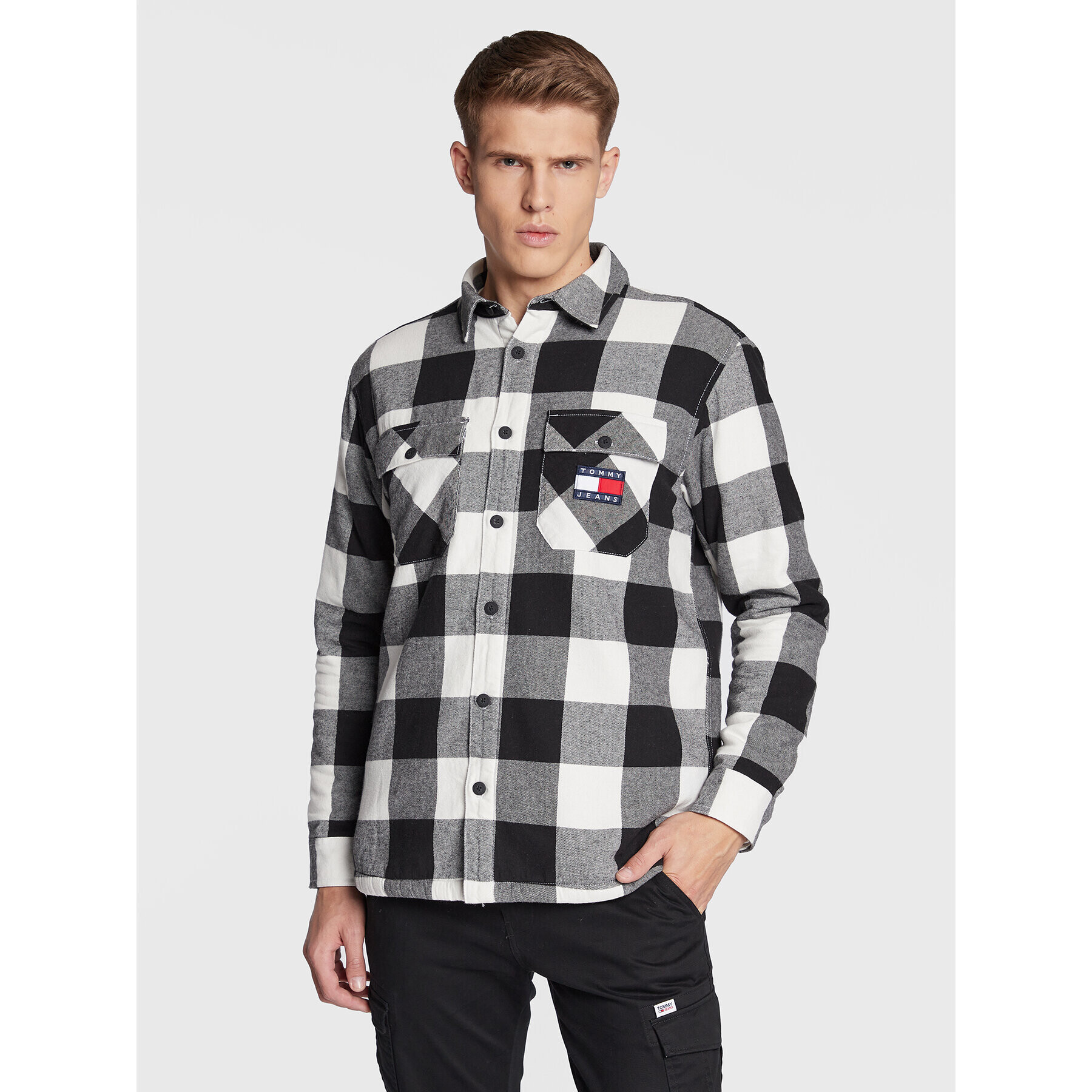 Tommy Jeans Prechodná bunda Sherpa Flannel DM0DM15132 Sivá Regular Fit - Pepit.sk