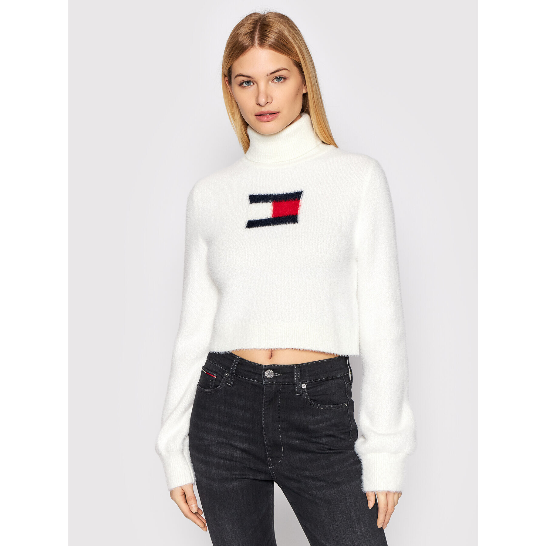 Tommy Jeans Rolák Furry Flag DW0DW11719 Biela Cropped Fit - Pepit.sk