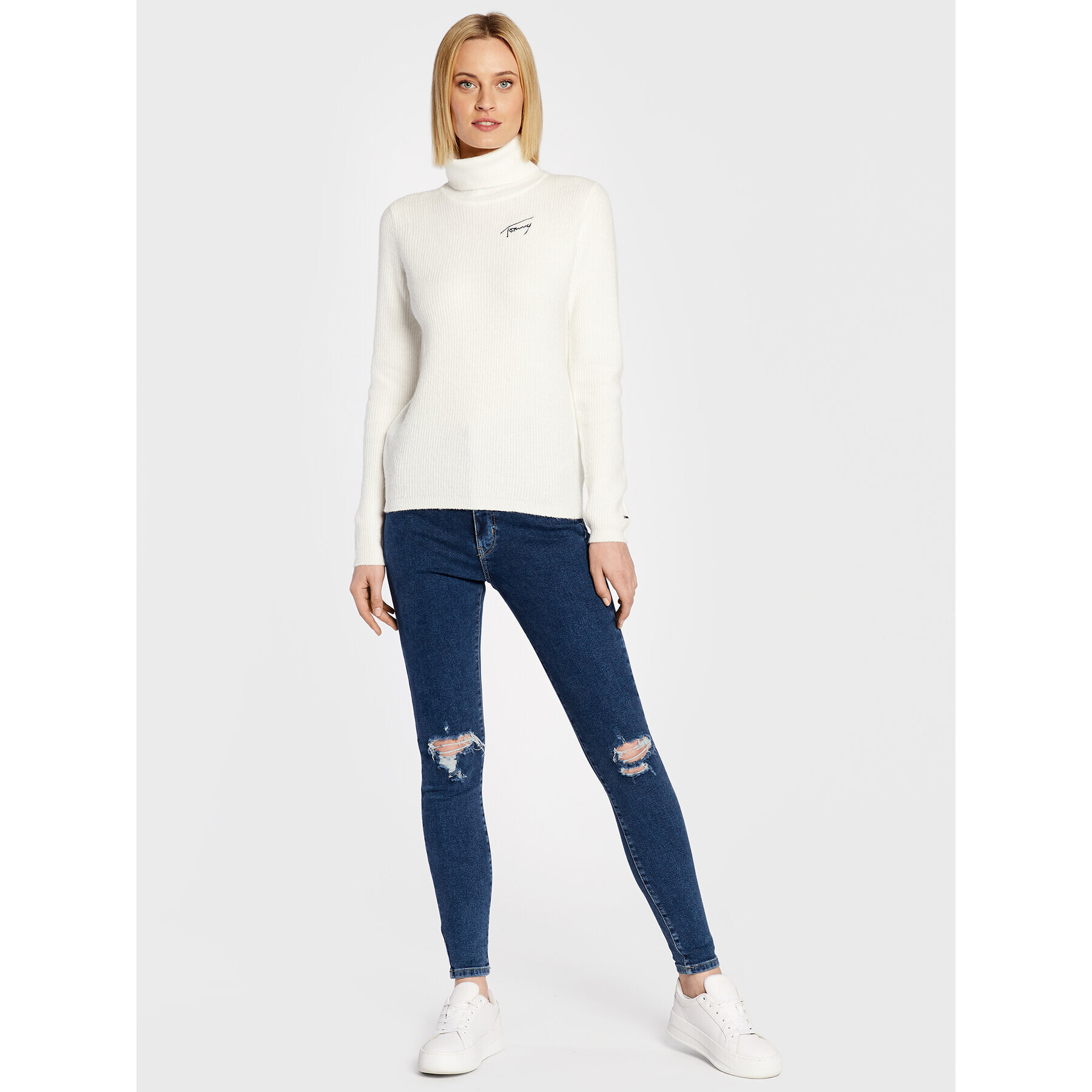 Tommy Jeans Rolák Signature Rib DW0DW14255 Écru Regular Fit - Pepit.sk