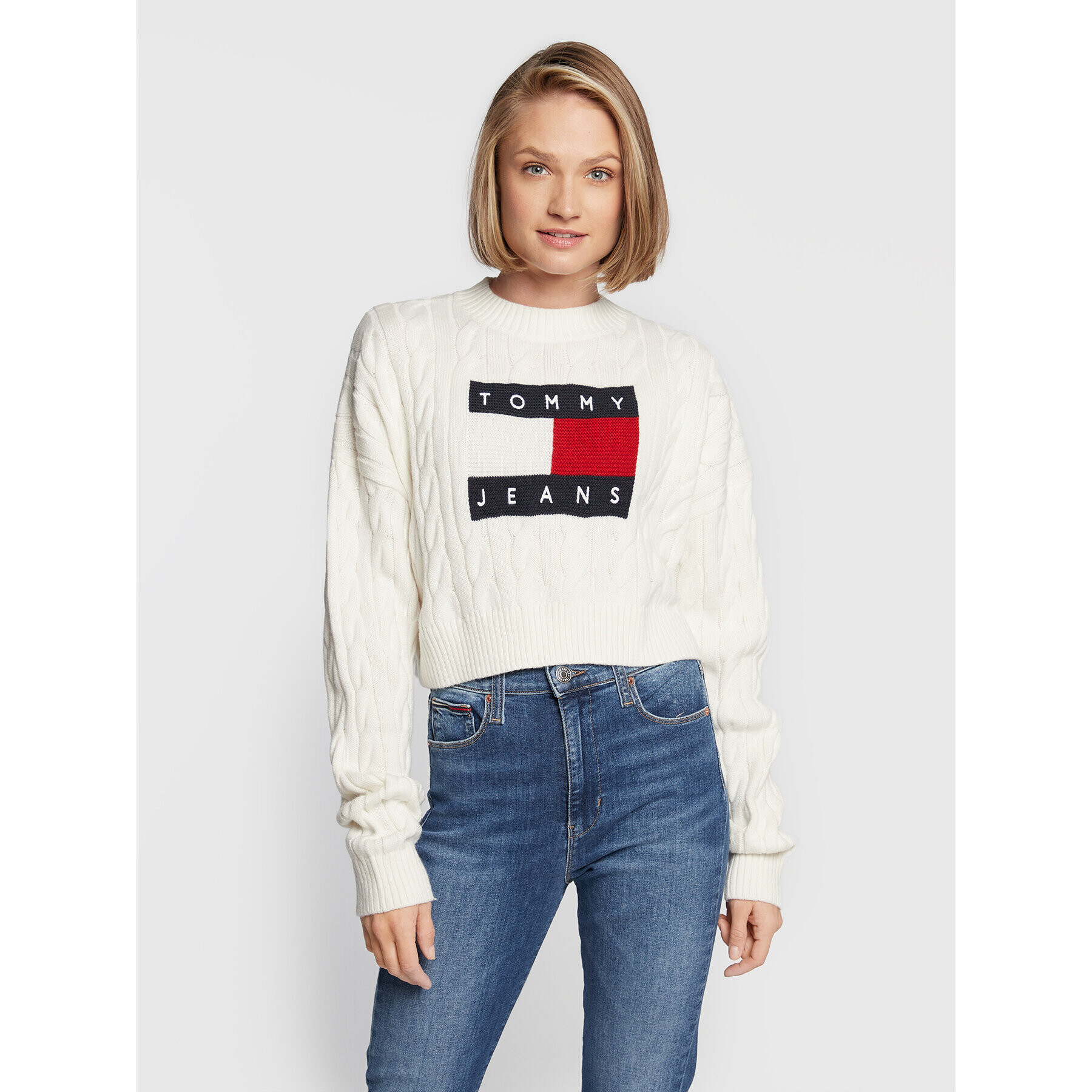 Tommy Jeans Sveter Center Flag DW0DW14261 Béžová Boxy Fit - Pepit.sk