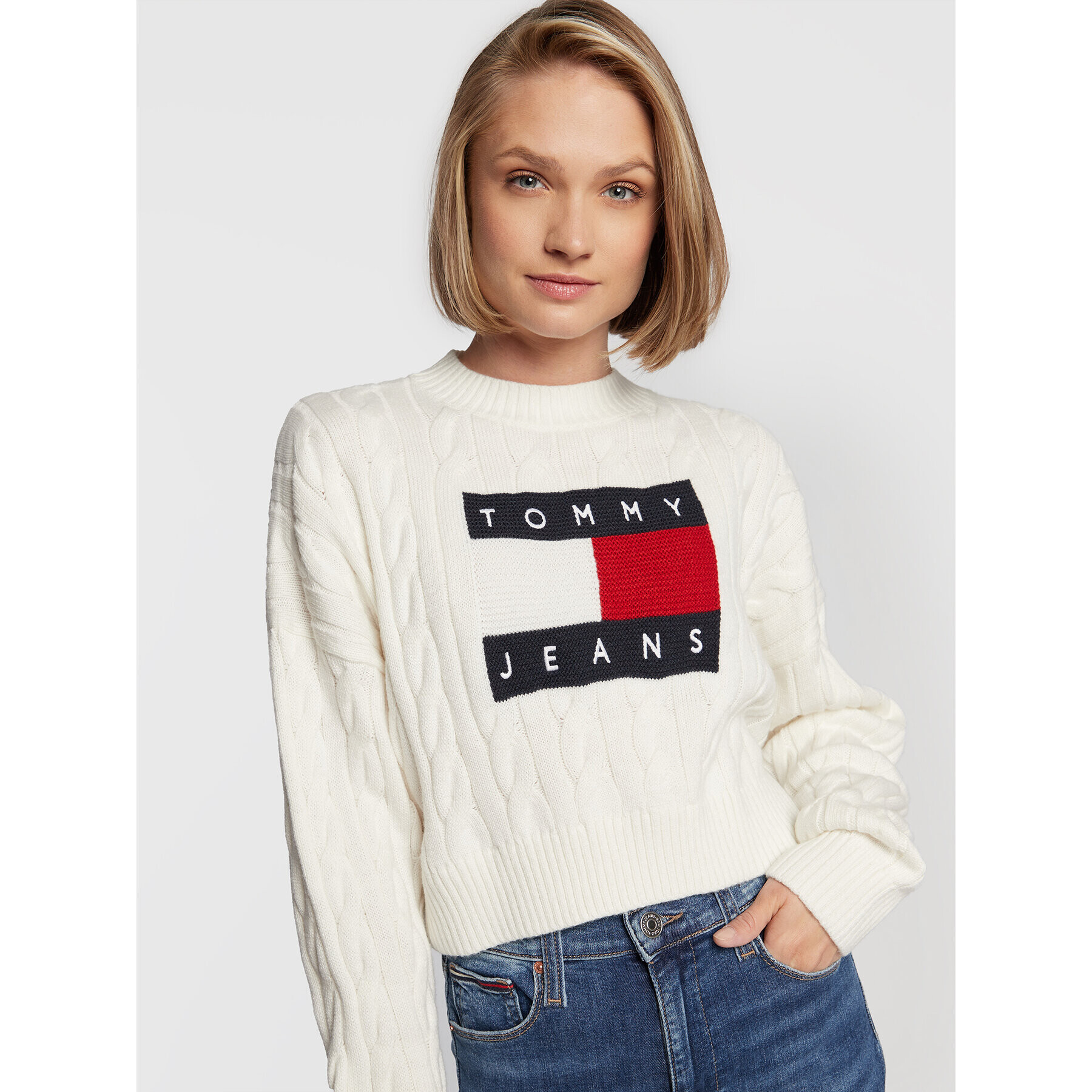 Tommy Jeans Sveter Center Flag DW0DW14261 Béžová Boxy Fit - Pepit.sk