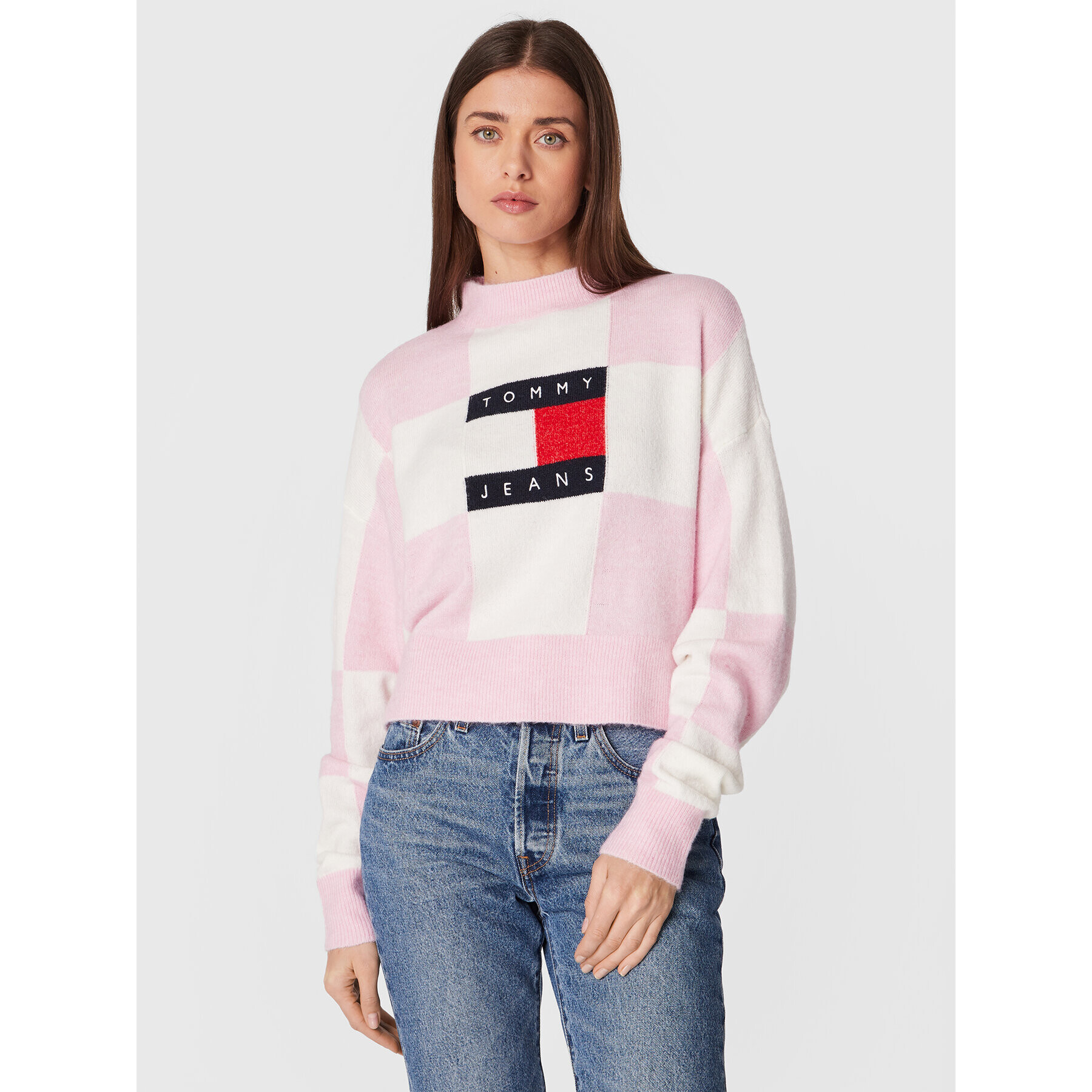 Tommy Jeans Sveter Checker Flag DW0DW14316 Ružová Relaxed Fit - Pepit.sk