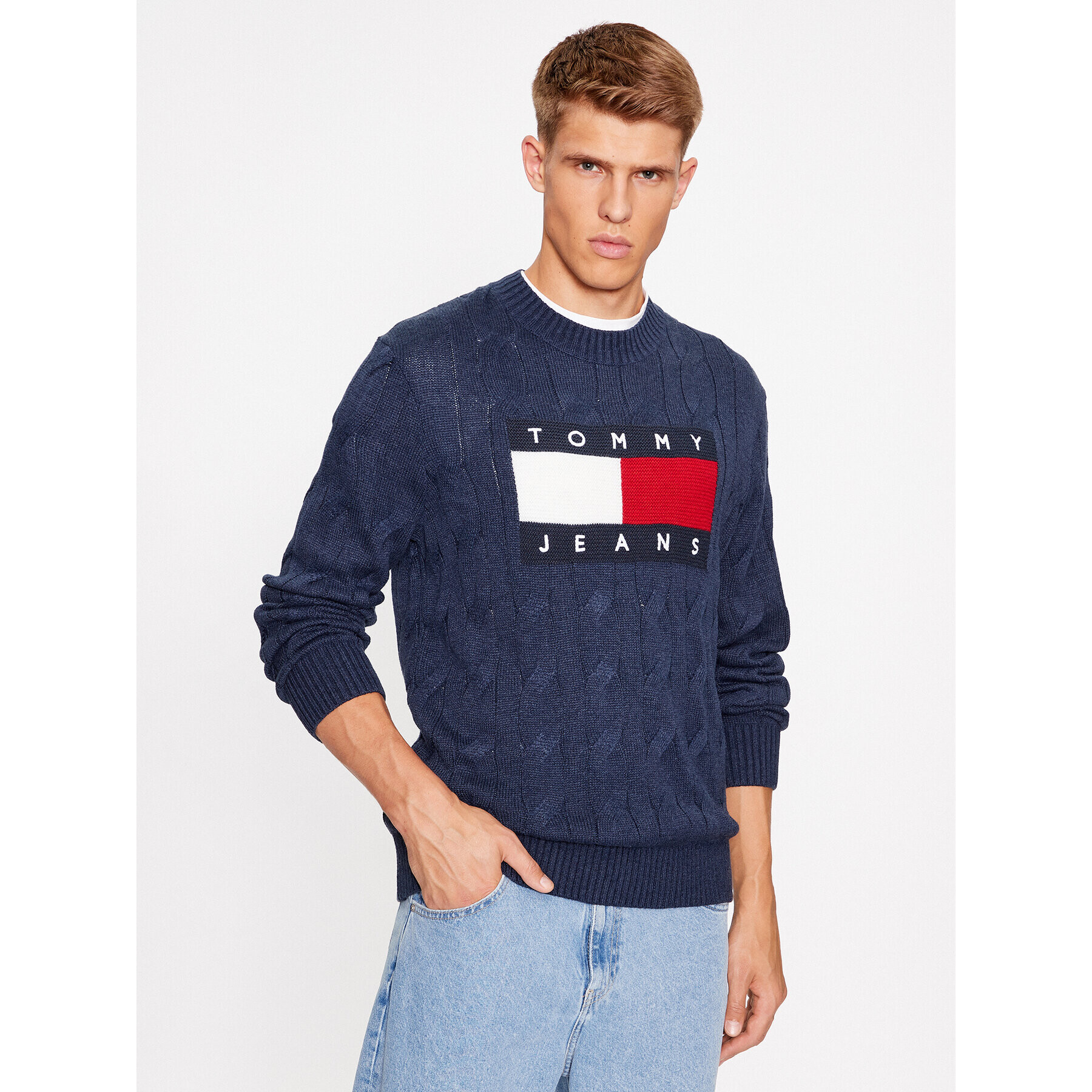 Tommy Jeans Sveter Flag DM0DM17762 Tmavomodrá Relaxed Fit - Pepit.sk