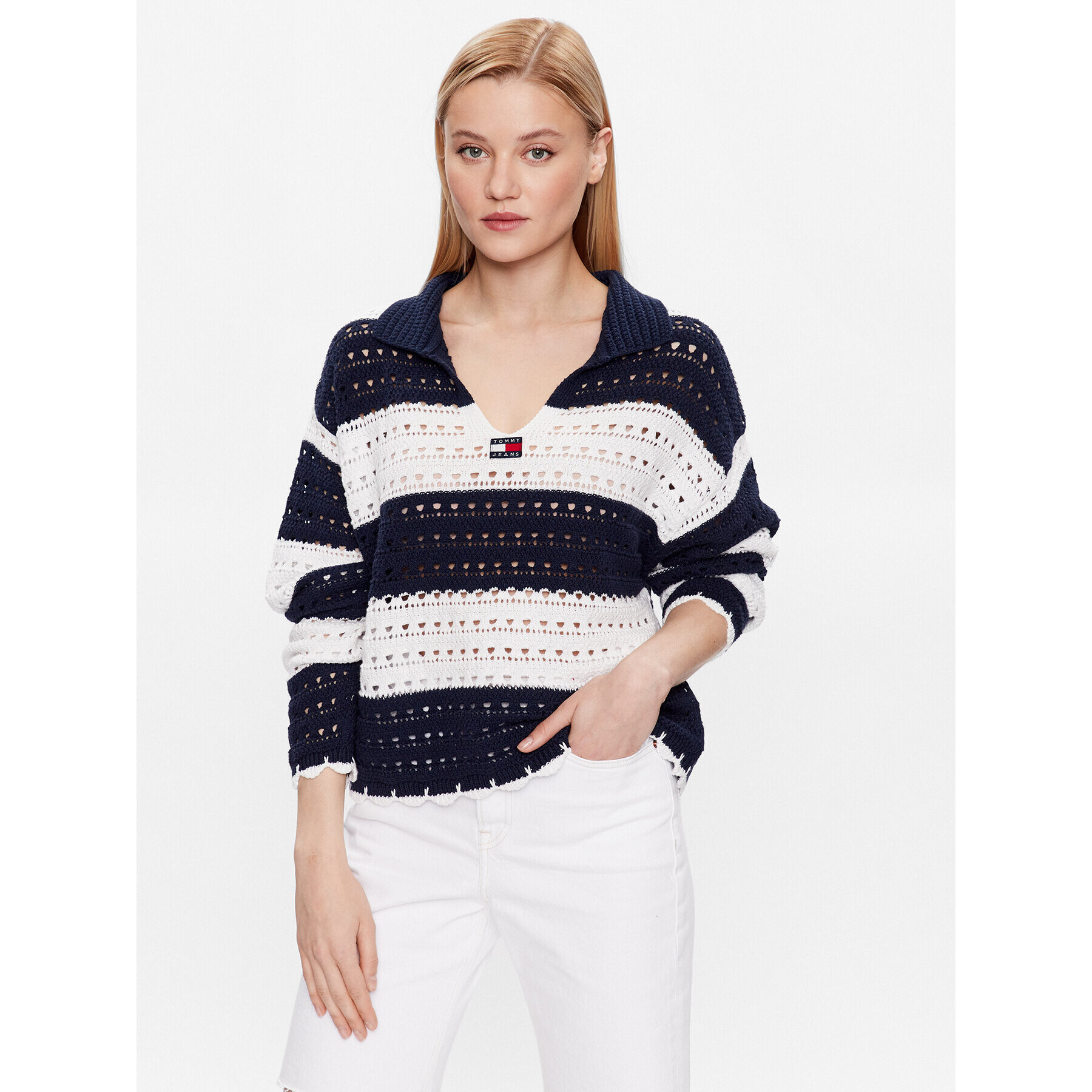 Tommy Jeans Sveter Summer Crochet DW0DW15404 Tmavomodrá Relaxed Fit - Pepit.sk