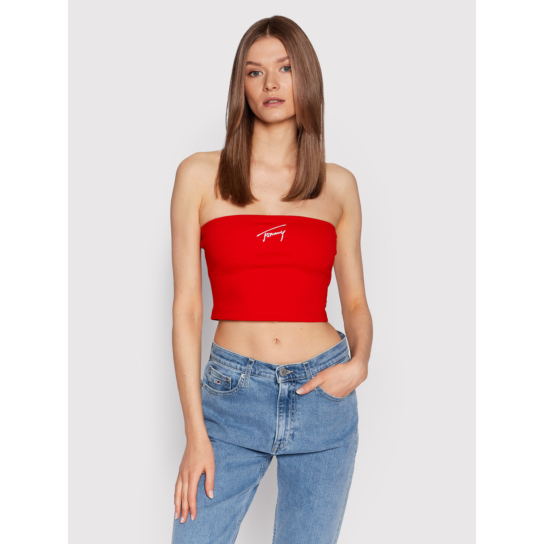 Tommy Jeans Top Signature DW0DW12733 Červená Cropp Fit - Pepit.sk