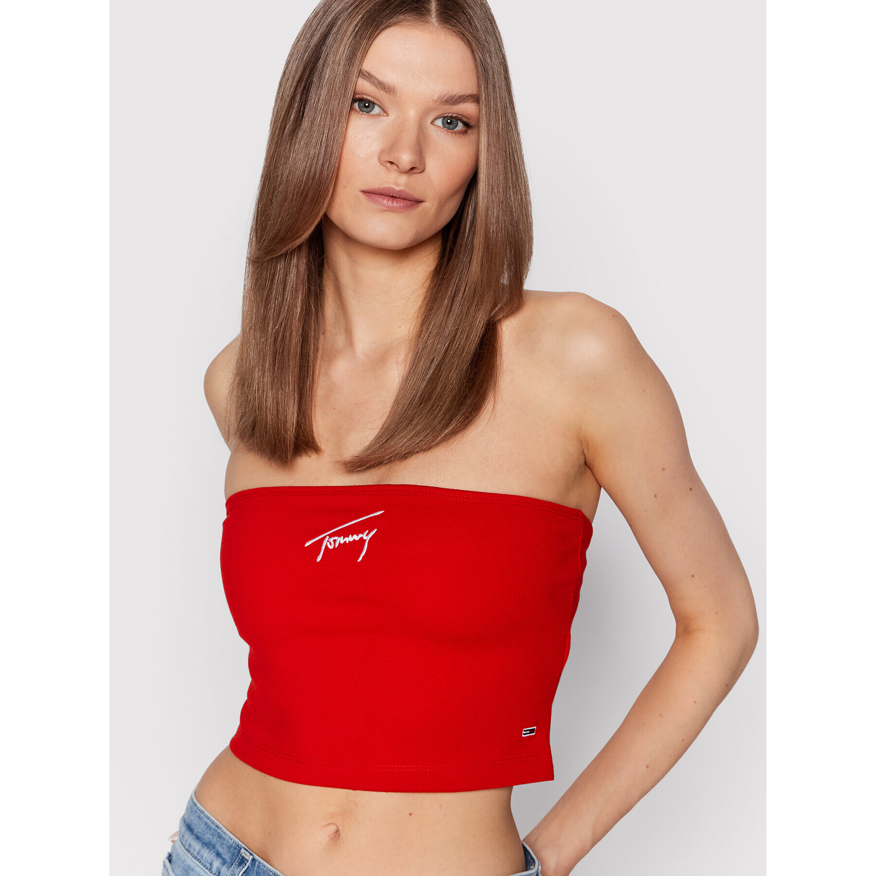 Tommy Jeans Top Signature DW0DW12733 Červená Cropp Fit - Pepit.sk