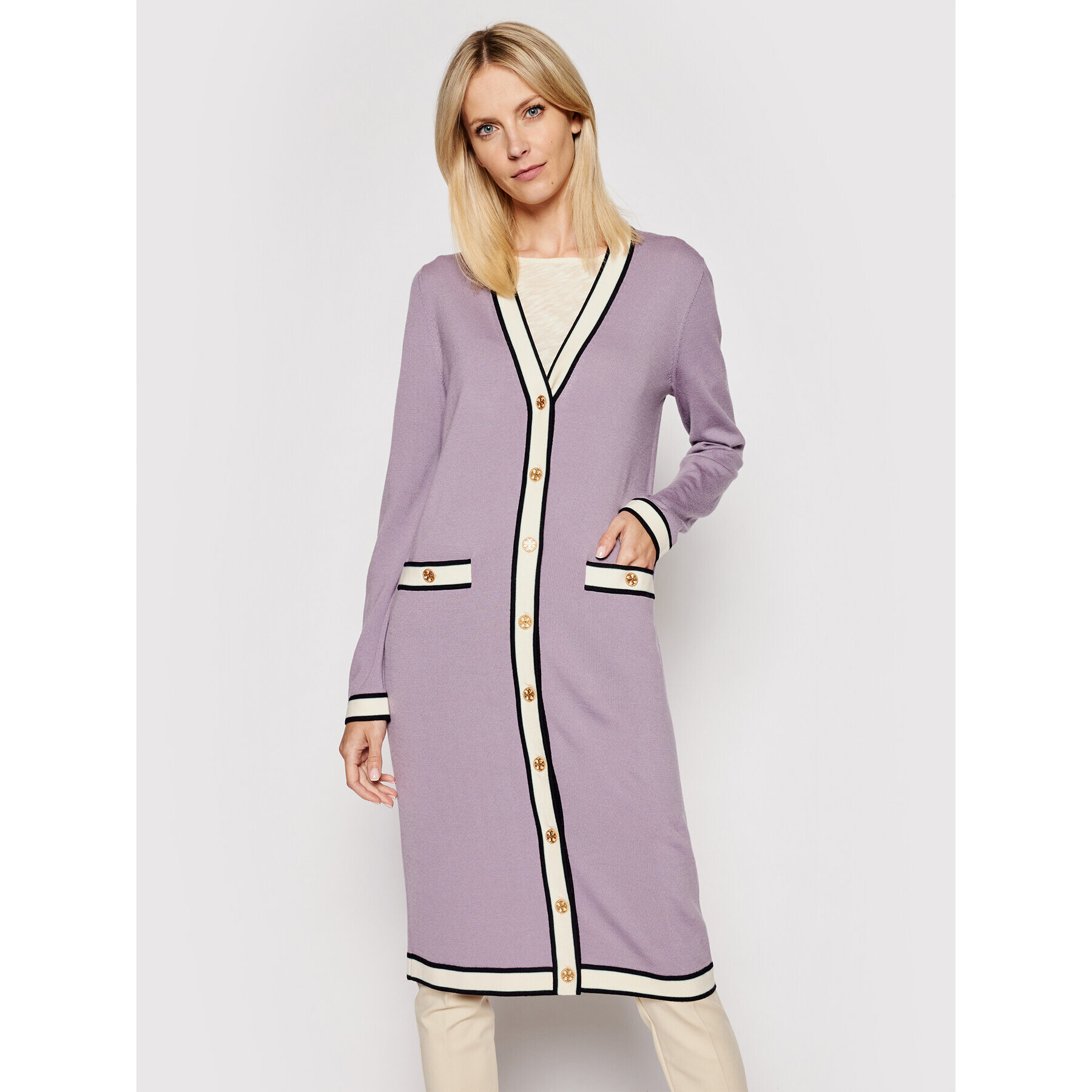 Tory Burch Kardigán Longline Madeline 84537 Fialová Regular Fit - Pepit.sk