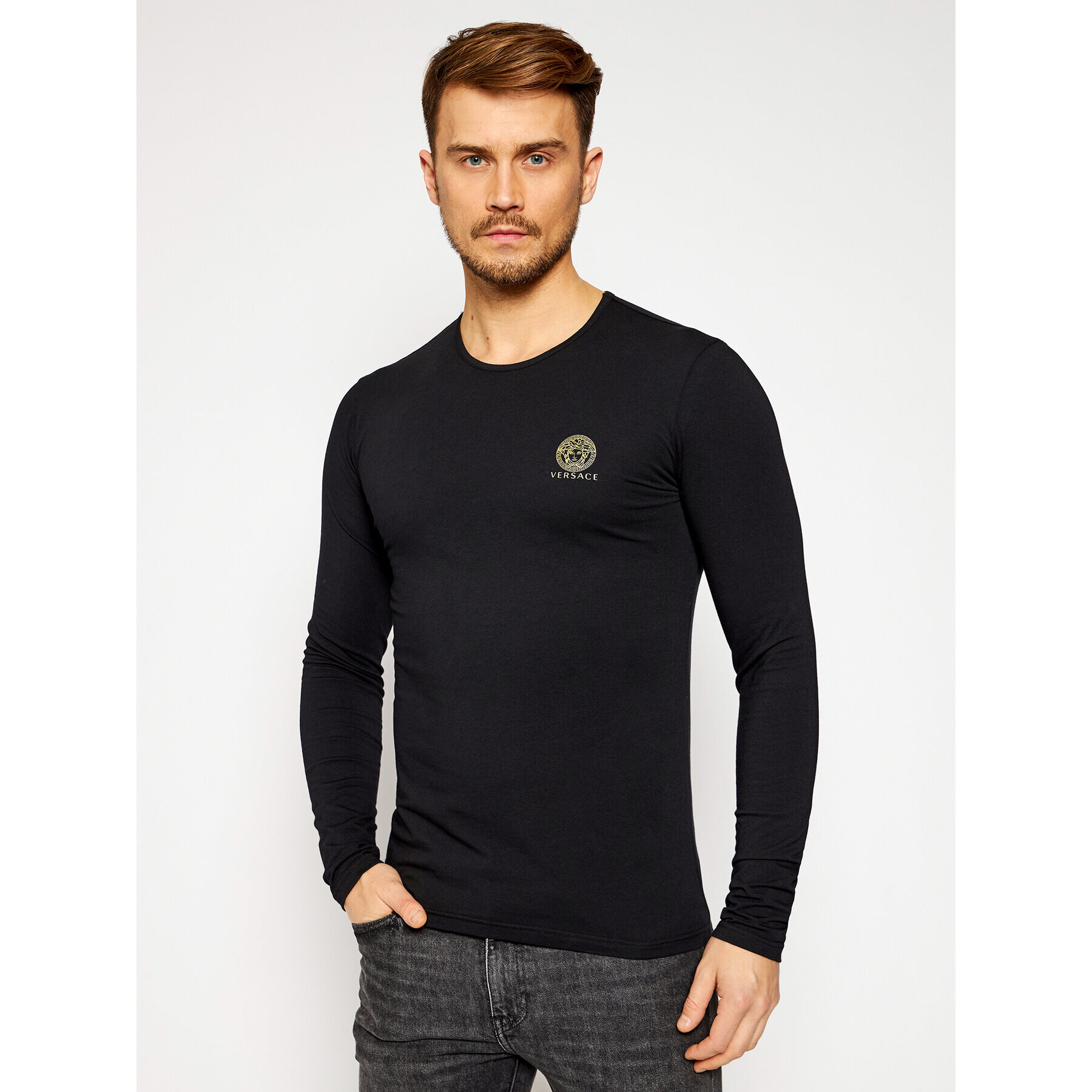 Versace S dlhými rukávmi Girocollo AUU01007 Čierna Regular Fit - Pepit.sk