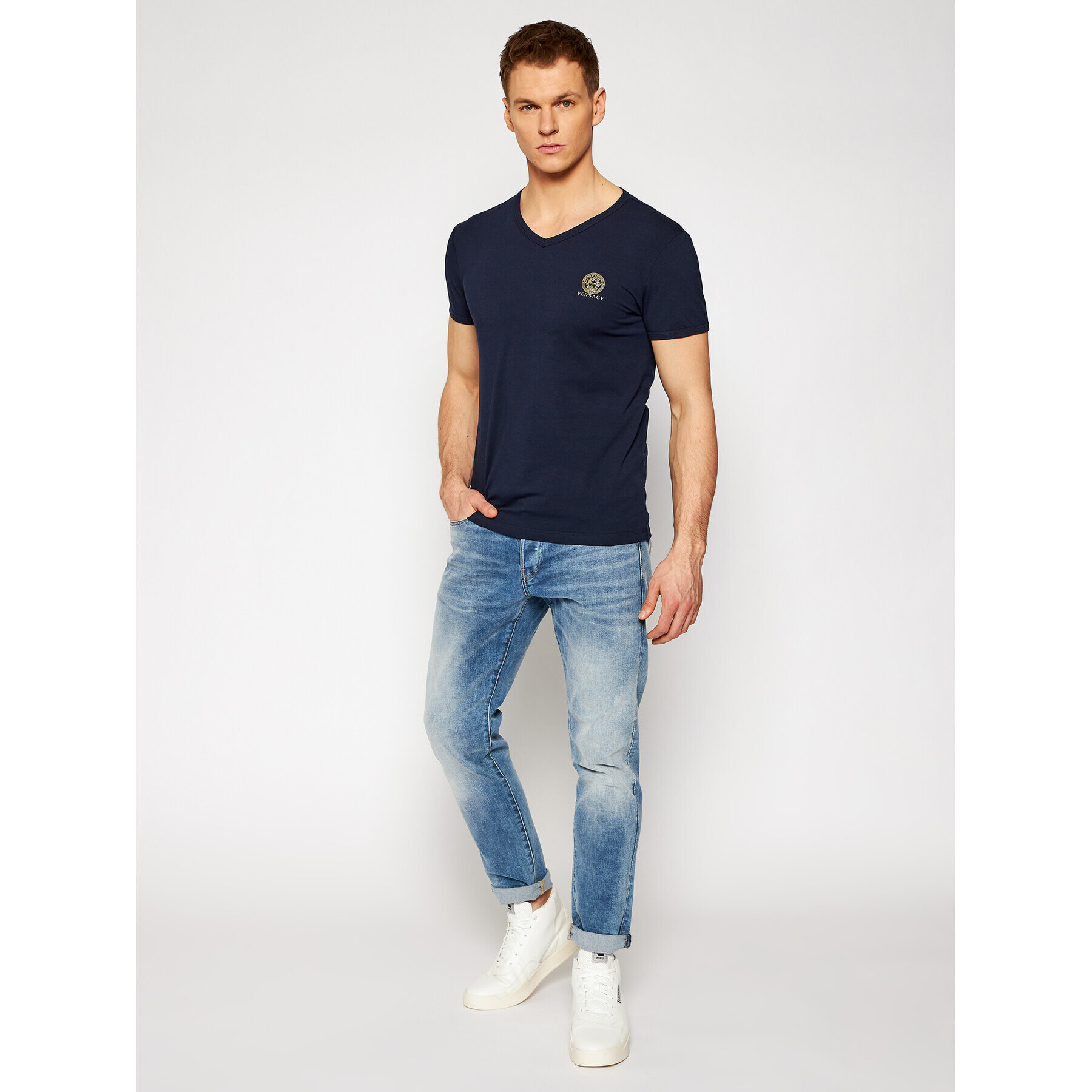 Versace Tričko Scollo AUU01004 Tmavomodrá Regular Fit - Pepit.sk